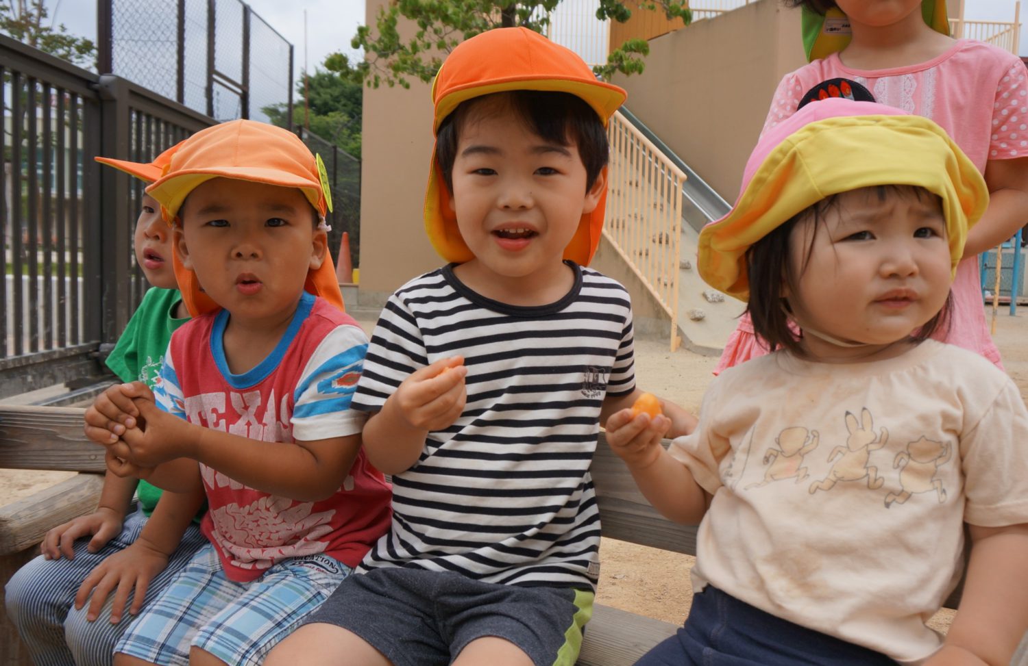 子どもがびわの実を食べている